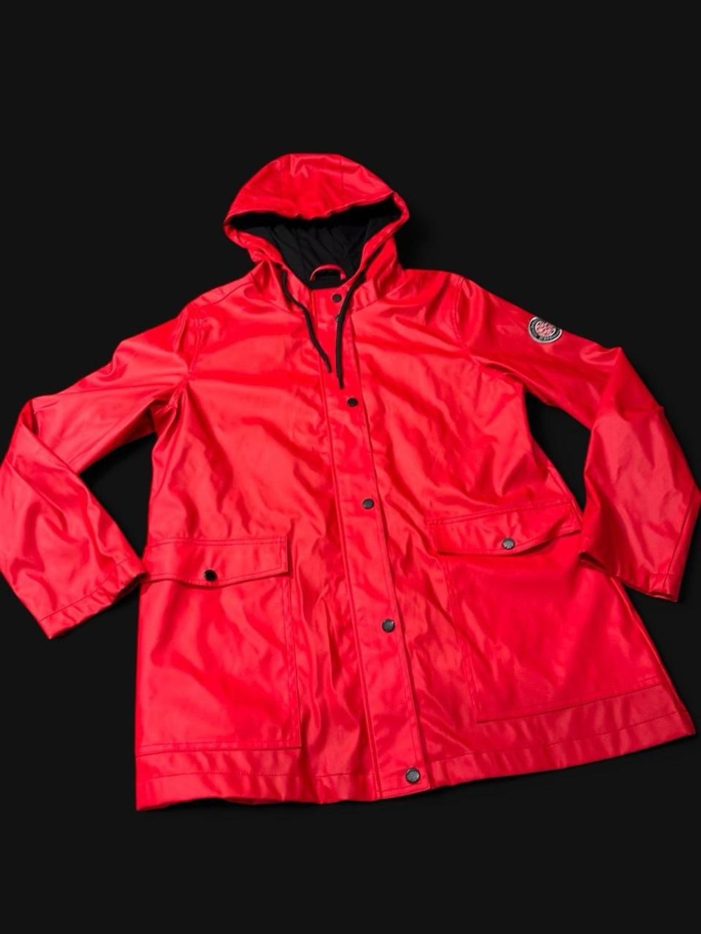 Women's Bright Red Hooded Rain Coat with Snap Front